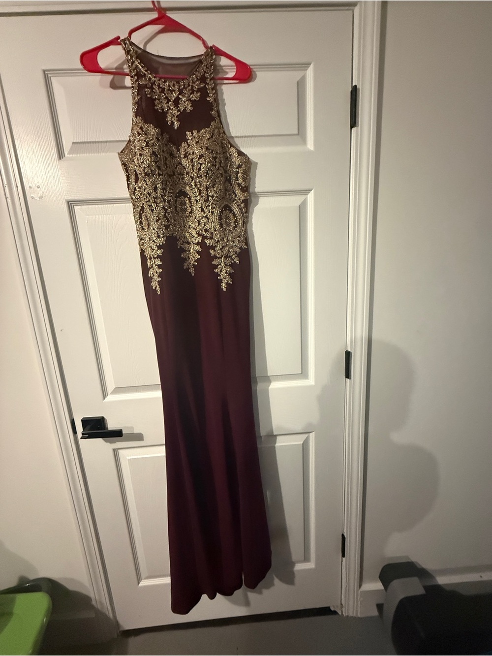 Embellished Burgundy Evening Gown with Gold Lace Appliqué